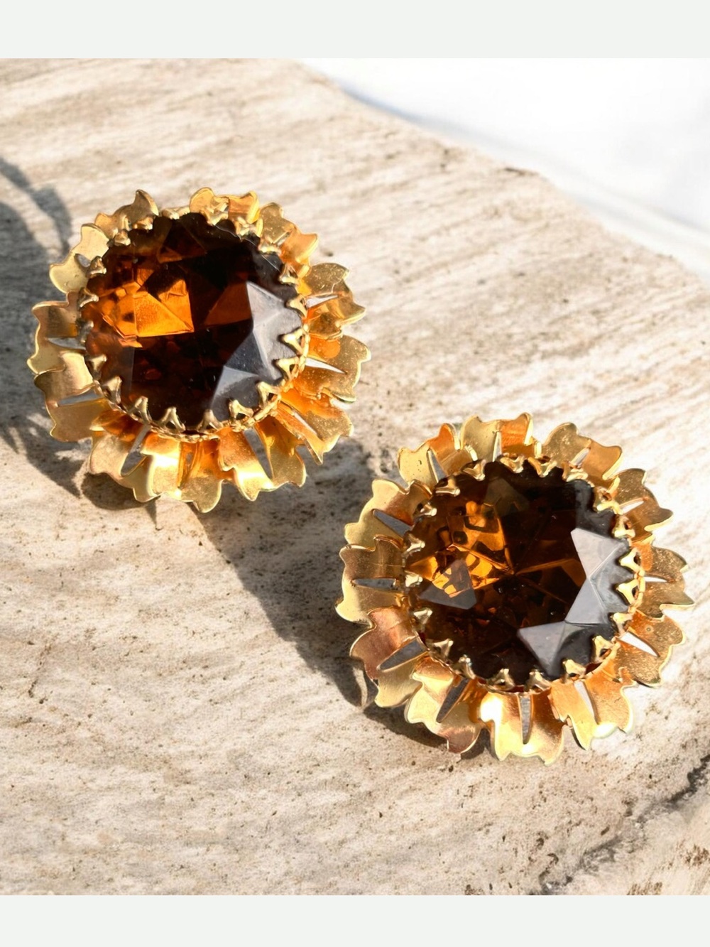 Vintage Mid Century Smoked Topaz Glass Demi-Parure Clip-on Earrings Couture